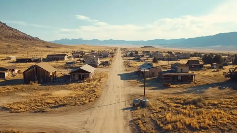 Aerial view of an old, abandoned ghost town in a desert landscape with wooden buildings and mountains in the background