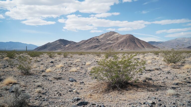 A dry, rocky desert landscape with sparse vegetation and distant mountains under a blue sky with scattered clouds