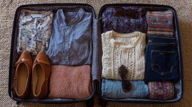 An open suitcase neatly packed with folded clothes, shoes, and sunglasses arranged in an organized way