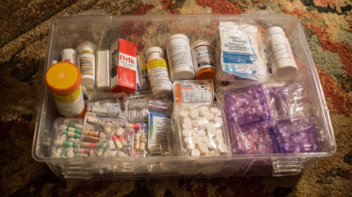 A clear plastic container filled with various medications, pill bottles, and medical supplies