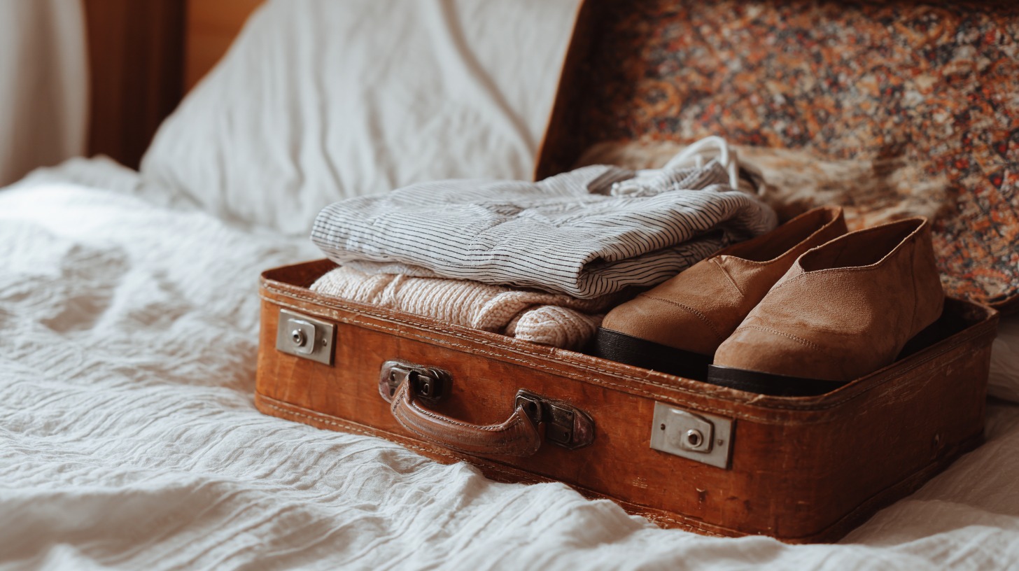 An open vintage suitcase on a bed with neatly folded clothes and a pair of shoes inside