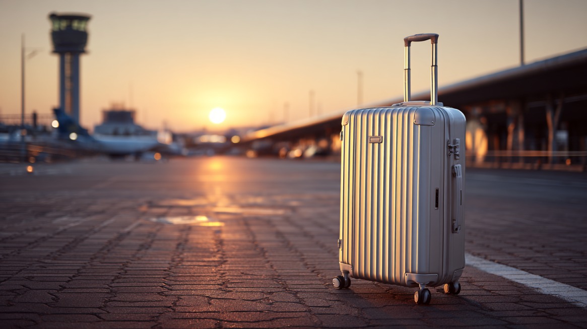 A silver hard-shell suitcase standing on an airport pavement at sunrise with a control tower in the background.