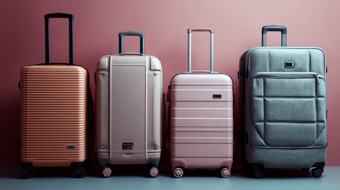 Four upright suitcases in different styles and colors—hard-shell and soft—lined up against a pink background