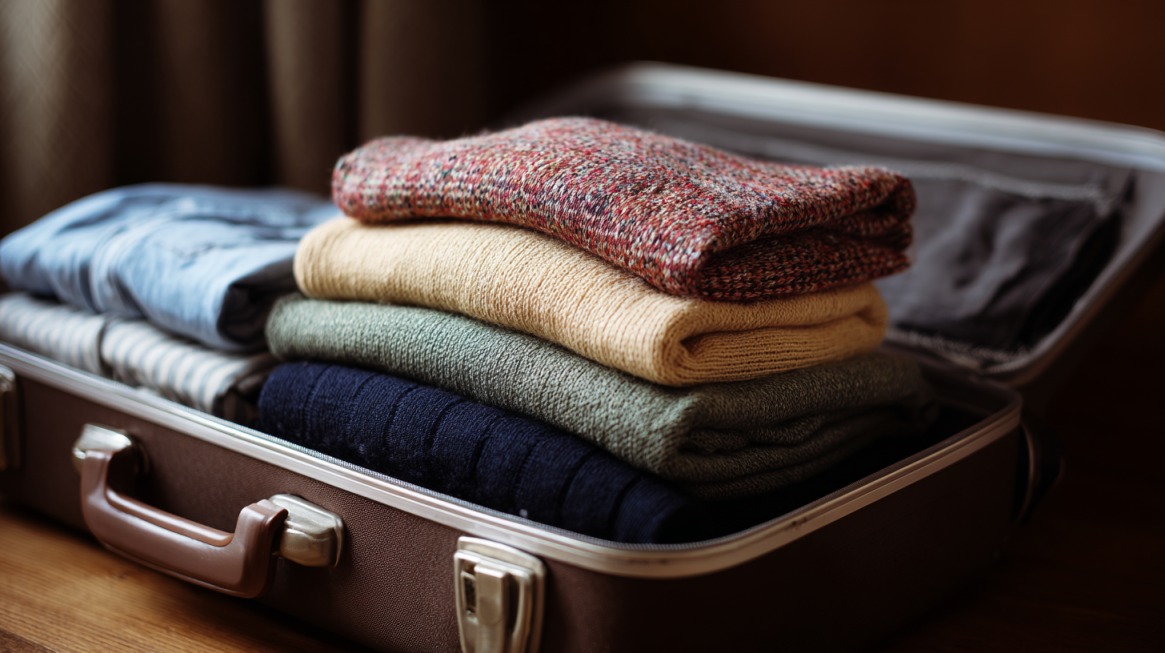 A suitcase with neatly folded sweaters and clothes stacked inside, ready for travel