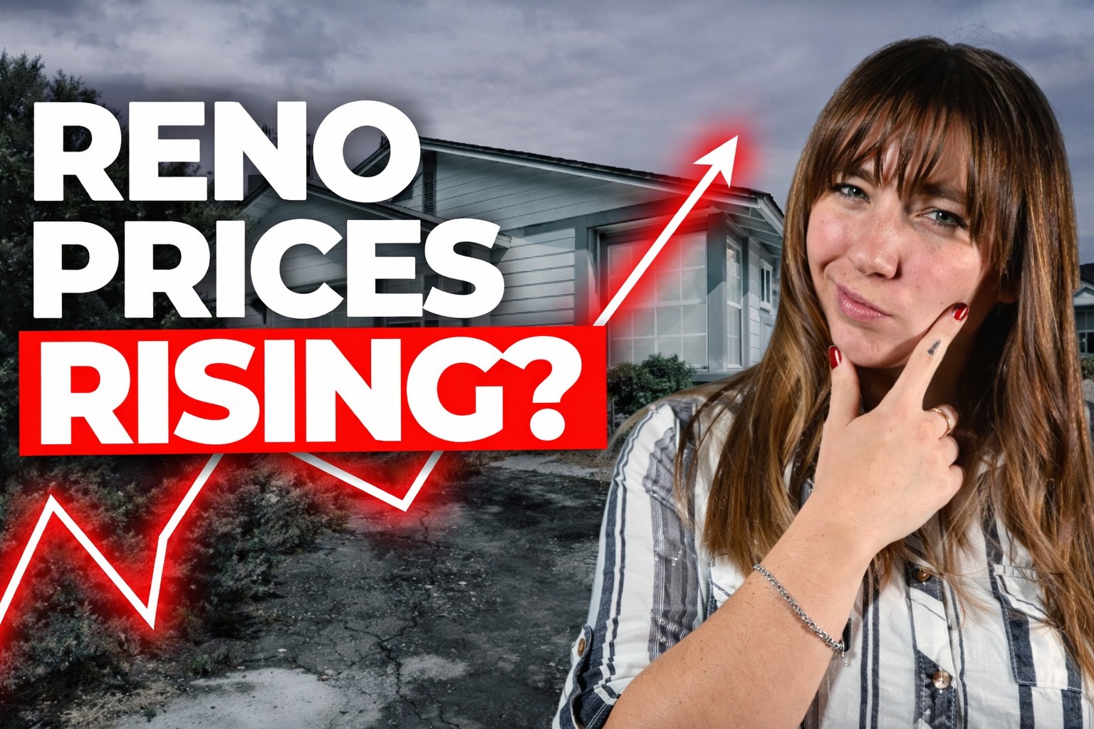 Graphic highlighting rising Reno home prices with upward arrow and residential background